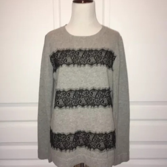 J Crew Sz L Wool Blend Gray Sweater Black Lace - Picture 3 of 8
